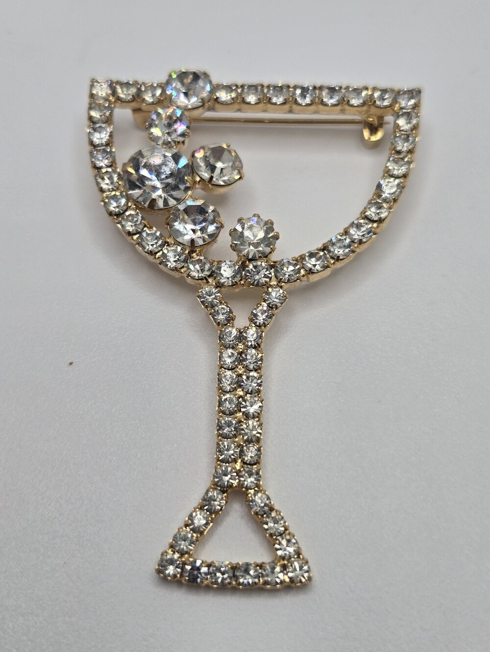 Vintage Rhinestone Champagne Glass Brooch Sparkly Martini Cocktail Pin 2.5” Gold